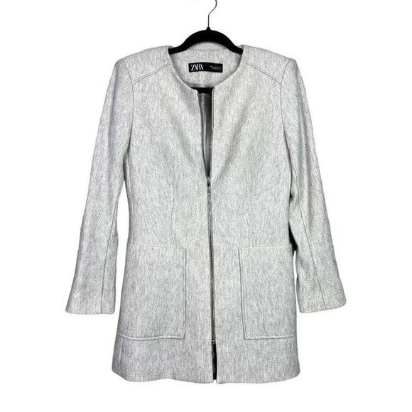 Zara Longline Herringbone Long Sleeve Jacket Blazer Zip Up Pockets M Grey #3132 - Picture 13 of 14